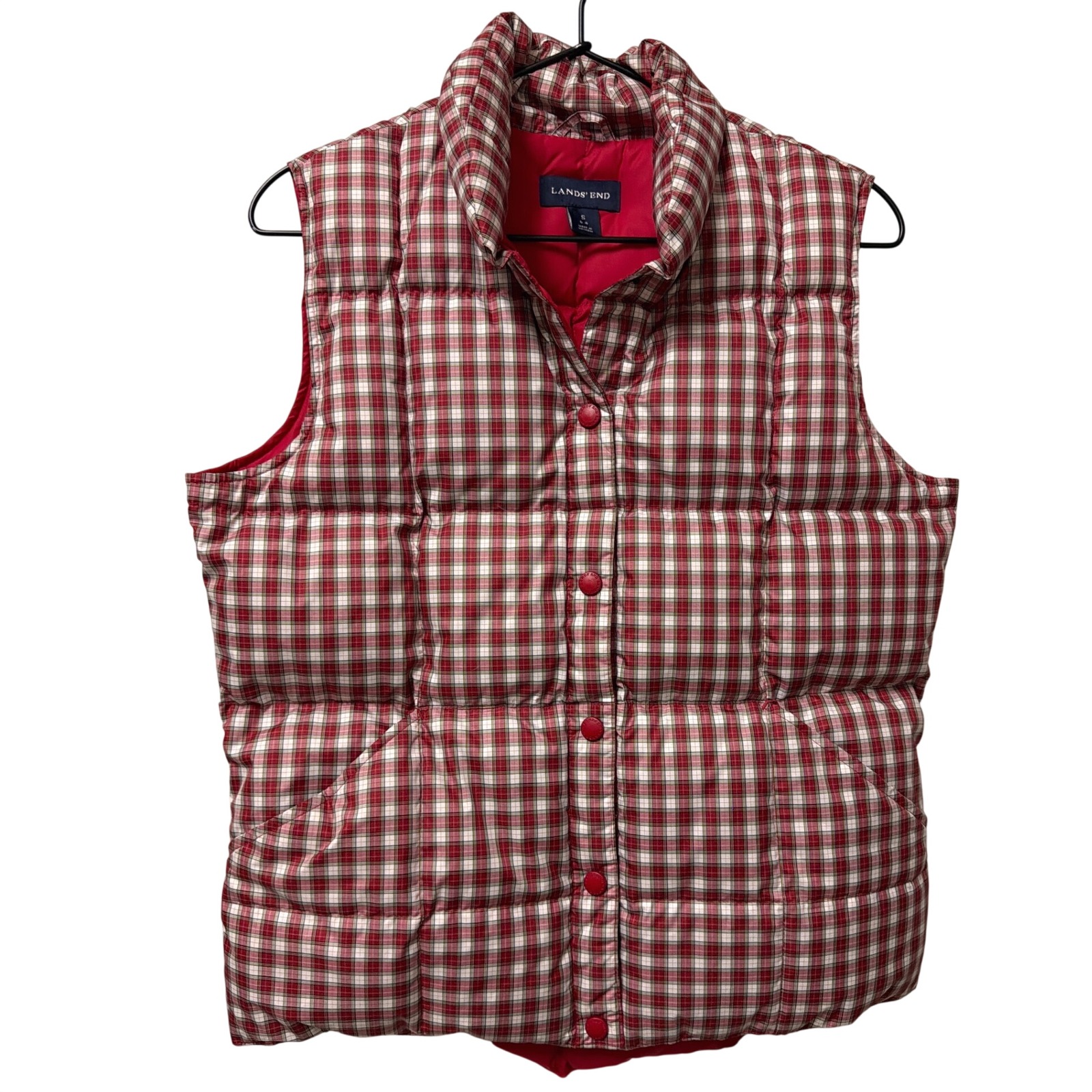 Lands End 600 Fill Down Vest Womens S Red Plaid Quilted Puffer